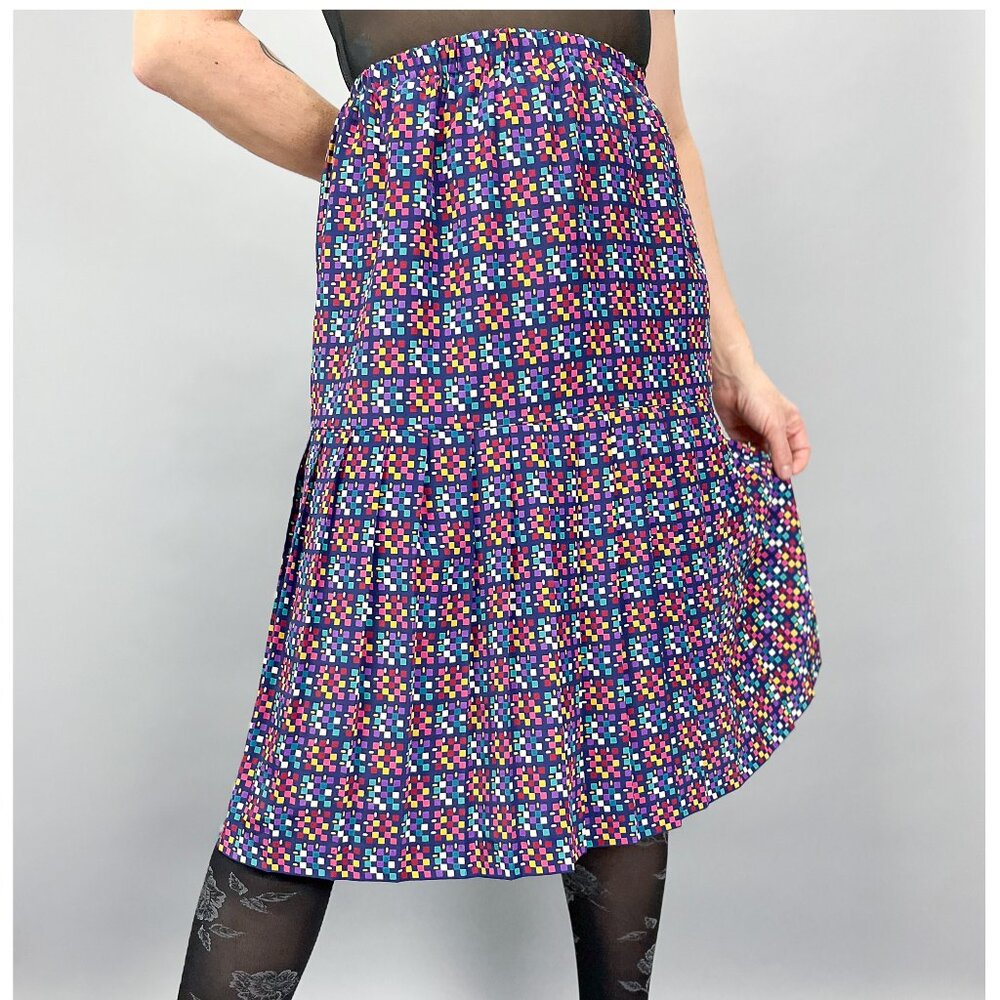 Vintage Pleated Skirt, 90's Multi Color Busy Square Print Drop Waist Knee Length